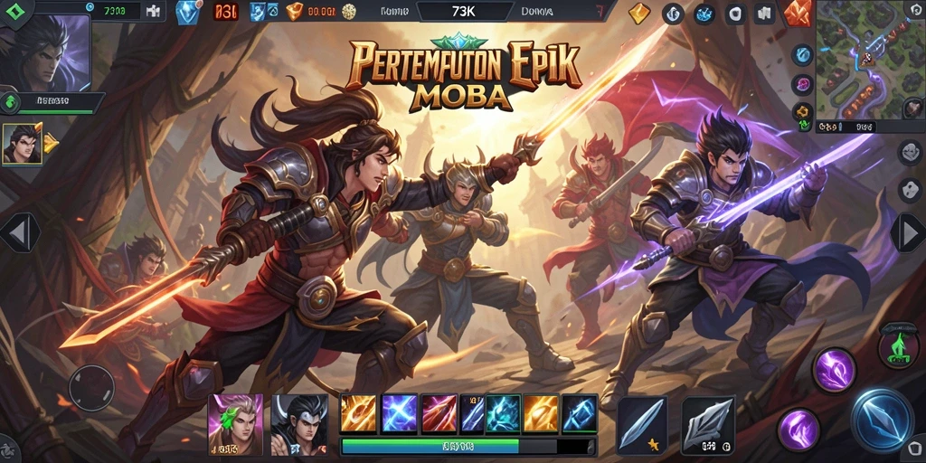 Screenshot utama 73K menampilkan aksi pertempuran seru di arena MOBA.