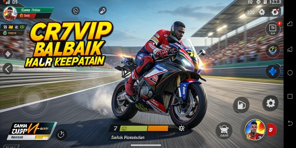 Screenshot gameplay CR7VIP menampilkan aksi balap motor yang seru dan cepat.
