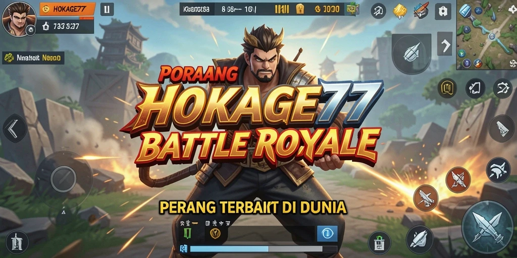 Tangkapan layar gameplay <strong>HOKAGE77</strong> memperlihatkan aksi Battle Royale yang seru.