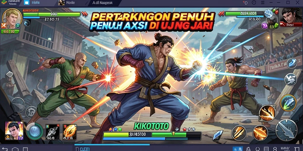 Screenshot menunjukkan aksi pertarungan intens dengan karakter yang beragam.