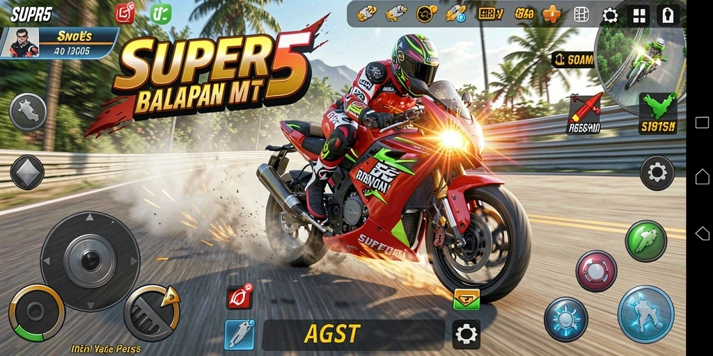 Tampilan gameplay SUPER5 yang menampilkan aksi balapan motor intens.