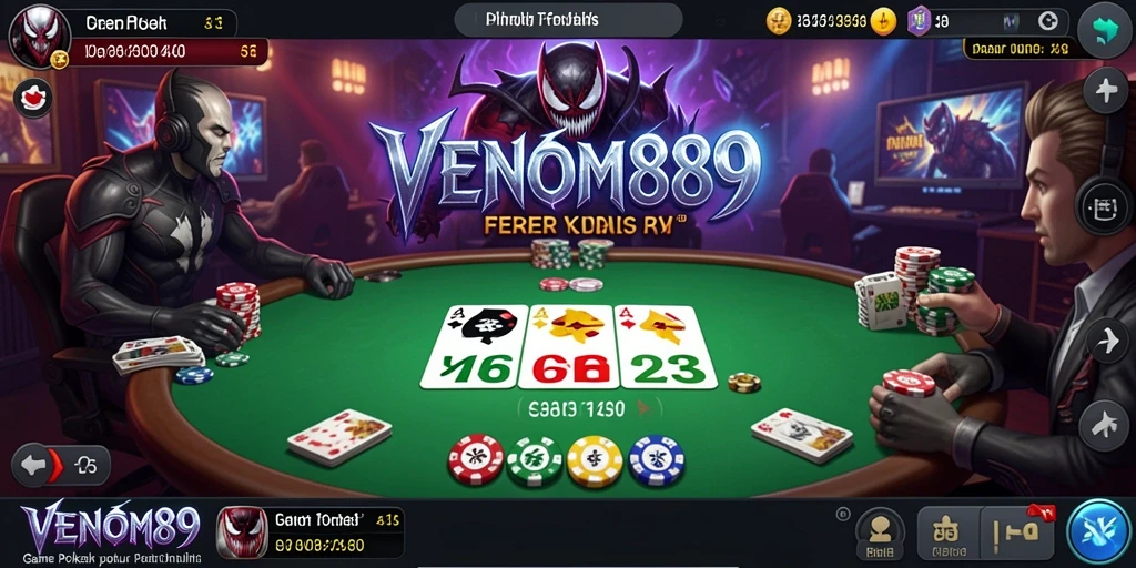 Screenshot menunjukkan gameplay seru di VENOM889 dengan aksi Poker nyata.